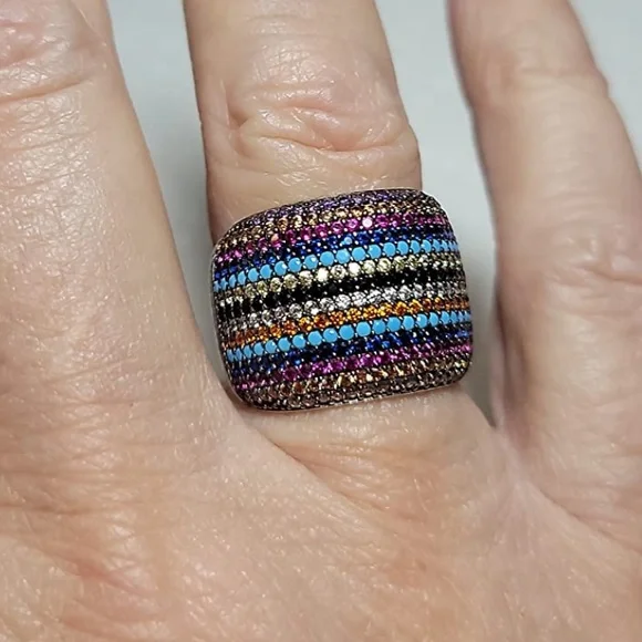 🆕 925 Sterling Silver Rainbow Cocktail Ring Bling Gemstone Statement Glam Luxury - Picture 8 of 10